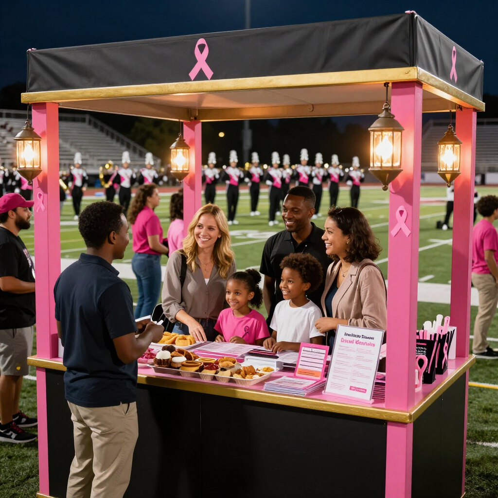 Pink-themed charity booth with volunteers serving snacks at an outdoor awareness event at night