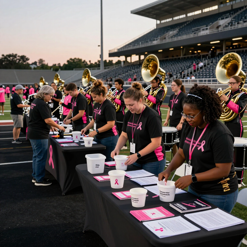 Band members serving food at a stadium concession table before a football game.