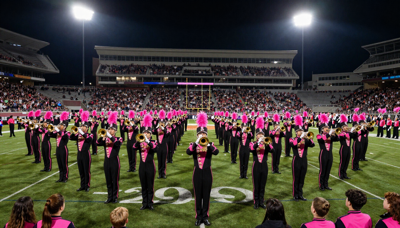 Marching band in black uniforms with bright pink plumes performing on a football field at night