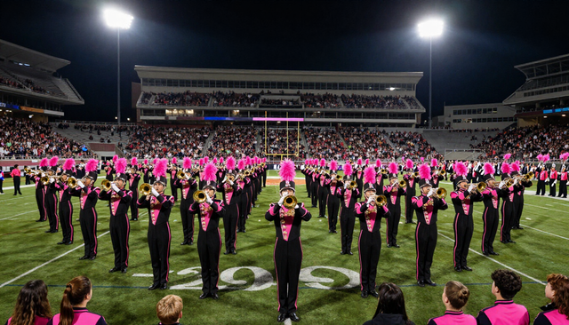 Marching band in black and pink uniforms performing on a football field at night, with stadium lights and stands behind.