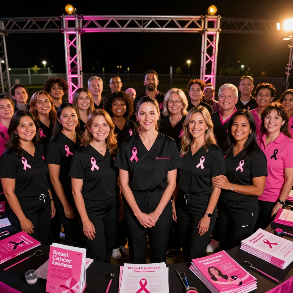 Group of volunteers in black shirts with pink ribbons posing at a nighttime awareness event with pink-lit stage backdrop