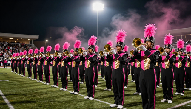 Marching band in black uniforms with pink plumes lined up on a football field at night
