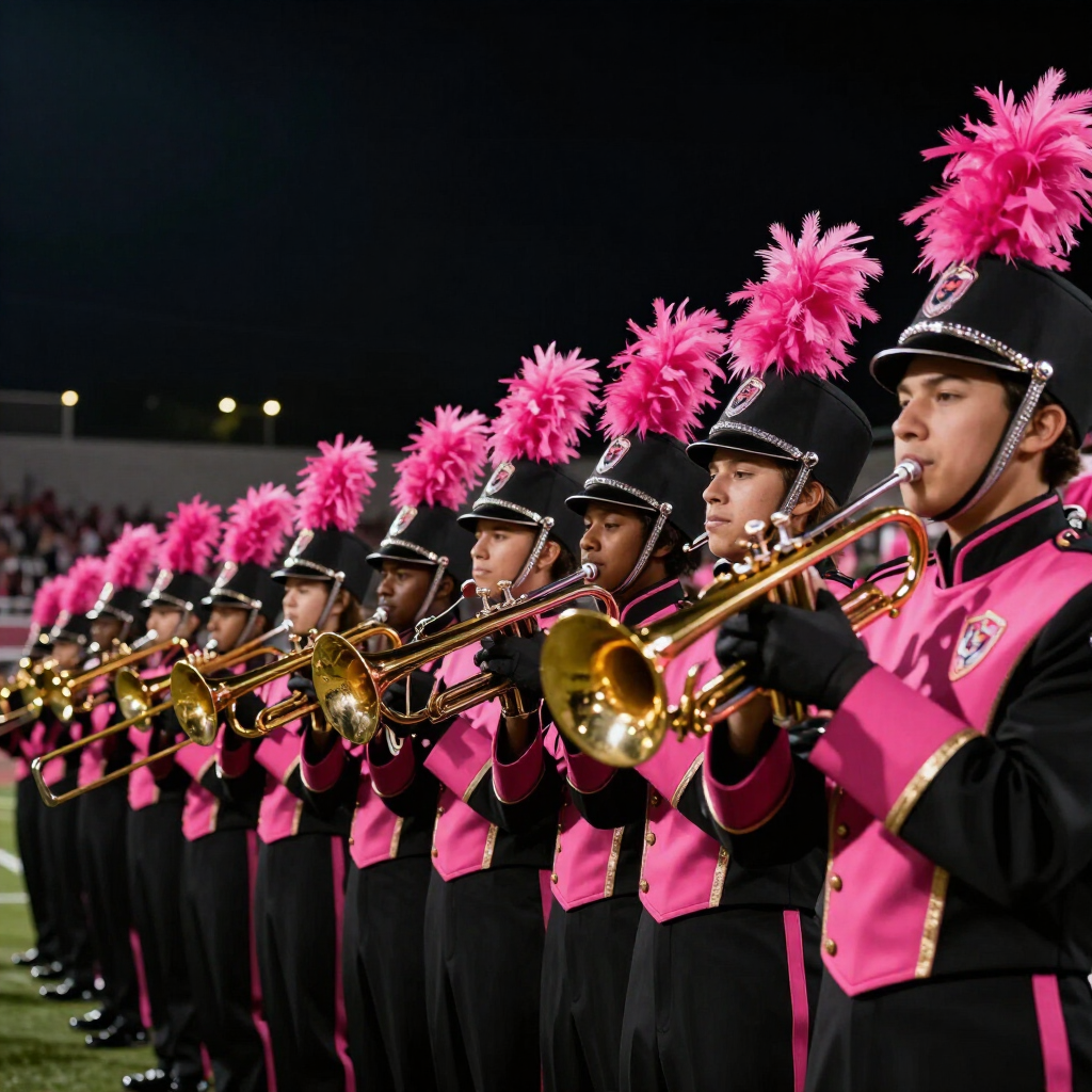 Marching band in pink and black uniforms playing brass instruments at night, with pink feather plumes.