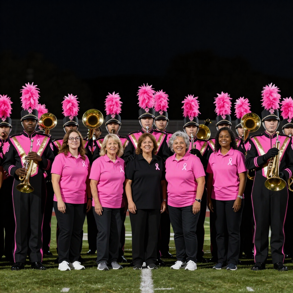 Marching band in pink uniforms posing on a field at night, with brass instruments and pink feather plumes