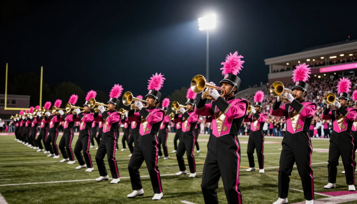 Marching band in pink and black uniforms performing on a football field at night.