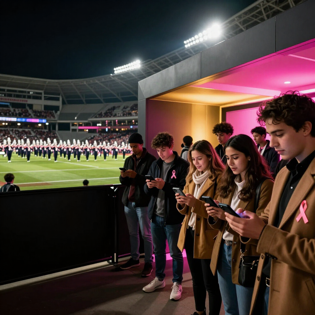 Fans in a stadium stand by the field, looking at their phones under bright lights at a pink-lit event booth.