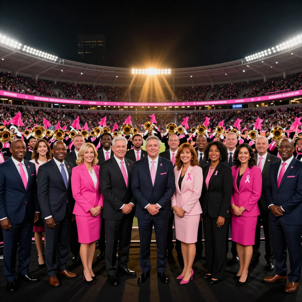 Group of officials in dark suits and bright pink outfits standing on a stadium field under lights