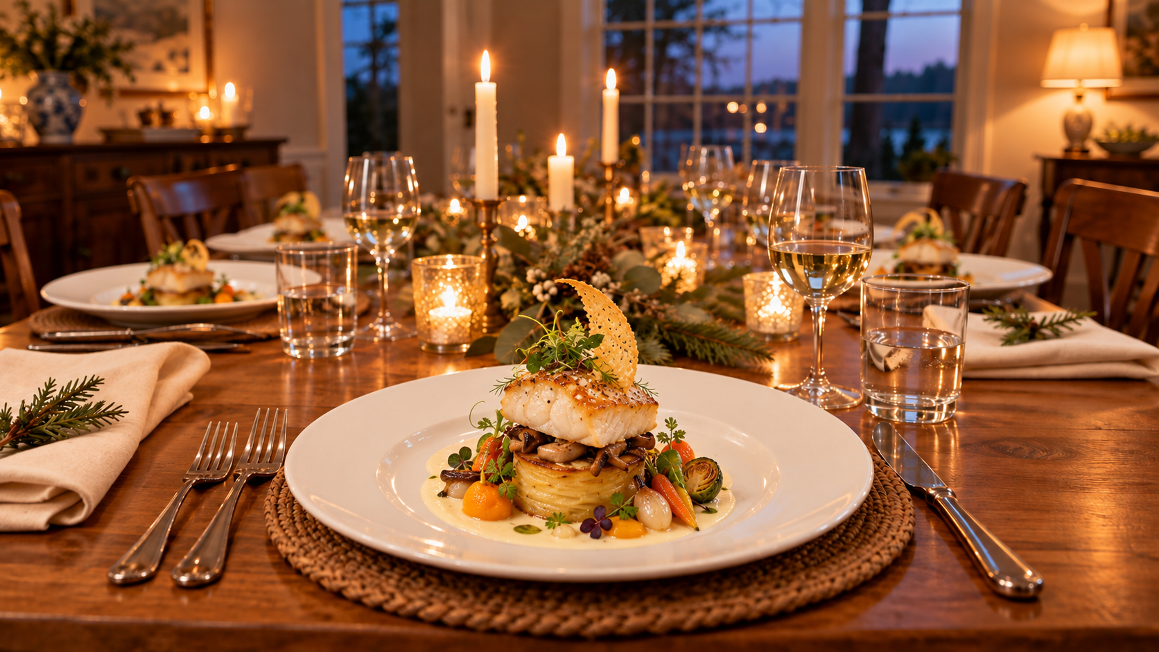 An elegant layered fish dish with seasonal vegetables and a crisp garnish at a candlelit holiday table.