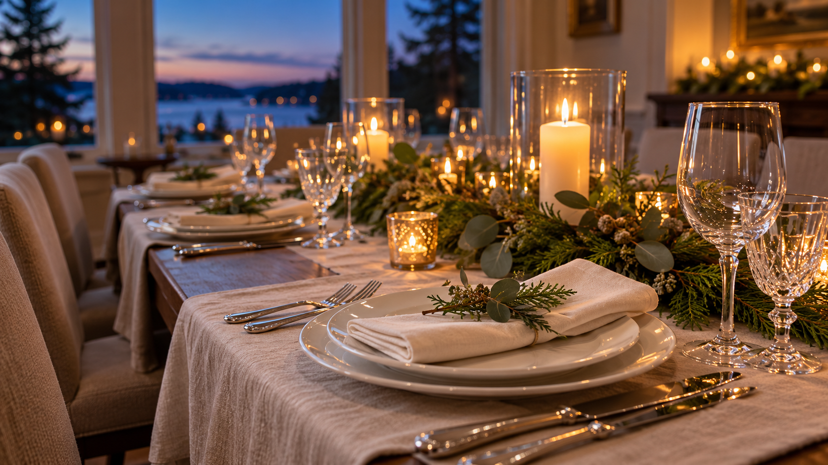 Ivory place settings, clear stemware and greenery on a softly lit holiday dinner table.