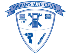 Jordan’s Auto Clinic blue shield logo with car repair tools and diagnostic icons