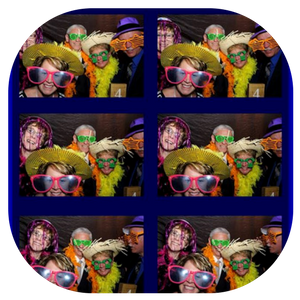Six-panel photo booth collage of people in colorful hats, wigs, and sunglasses posing playfully