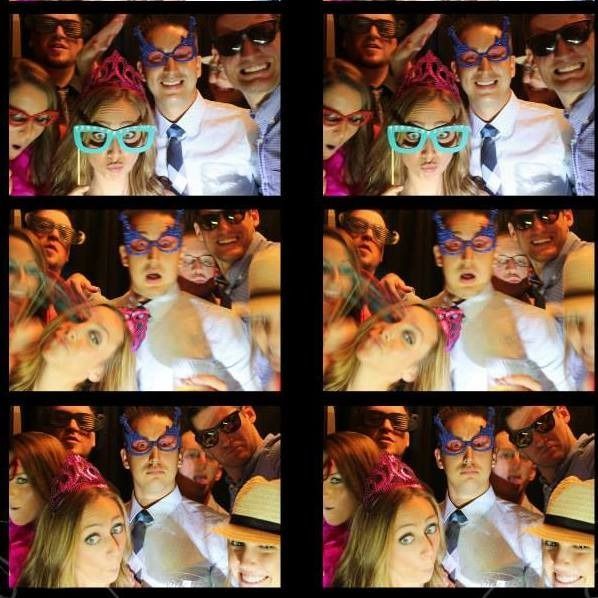 Four-panel collage of people in colorful masks and glasses at a lively party or club scene