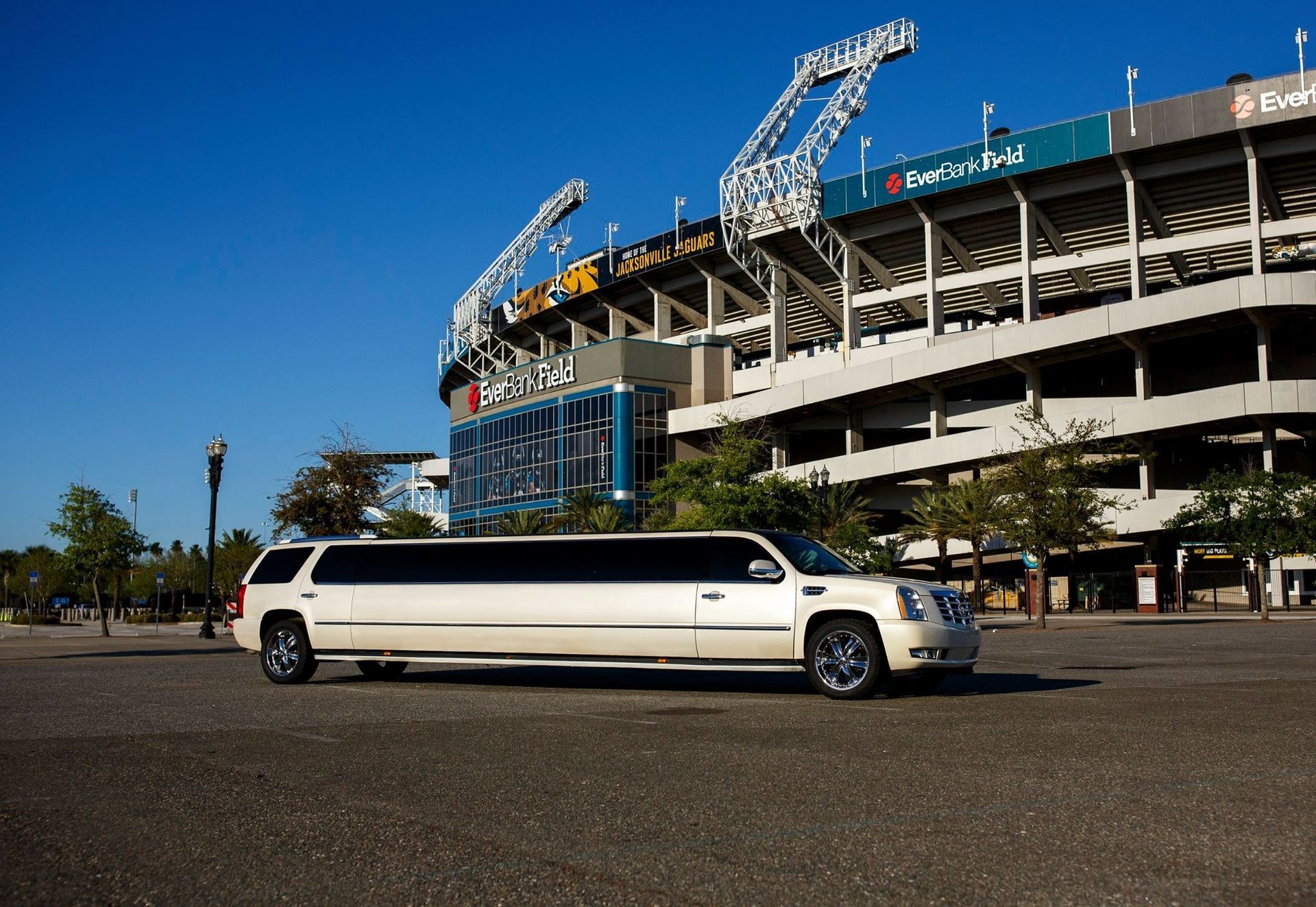 White stretch limousine parked outside a stadium on a sunny day