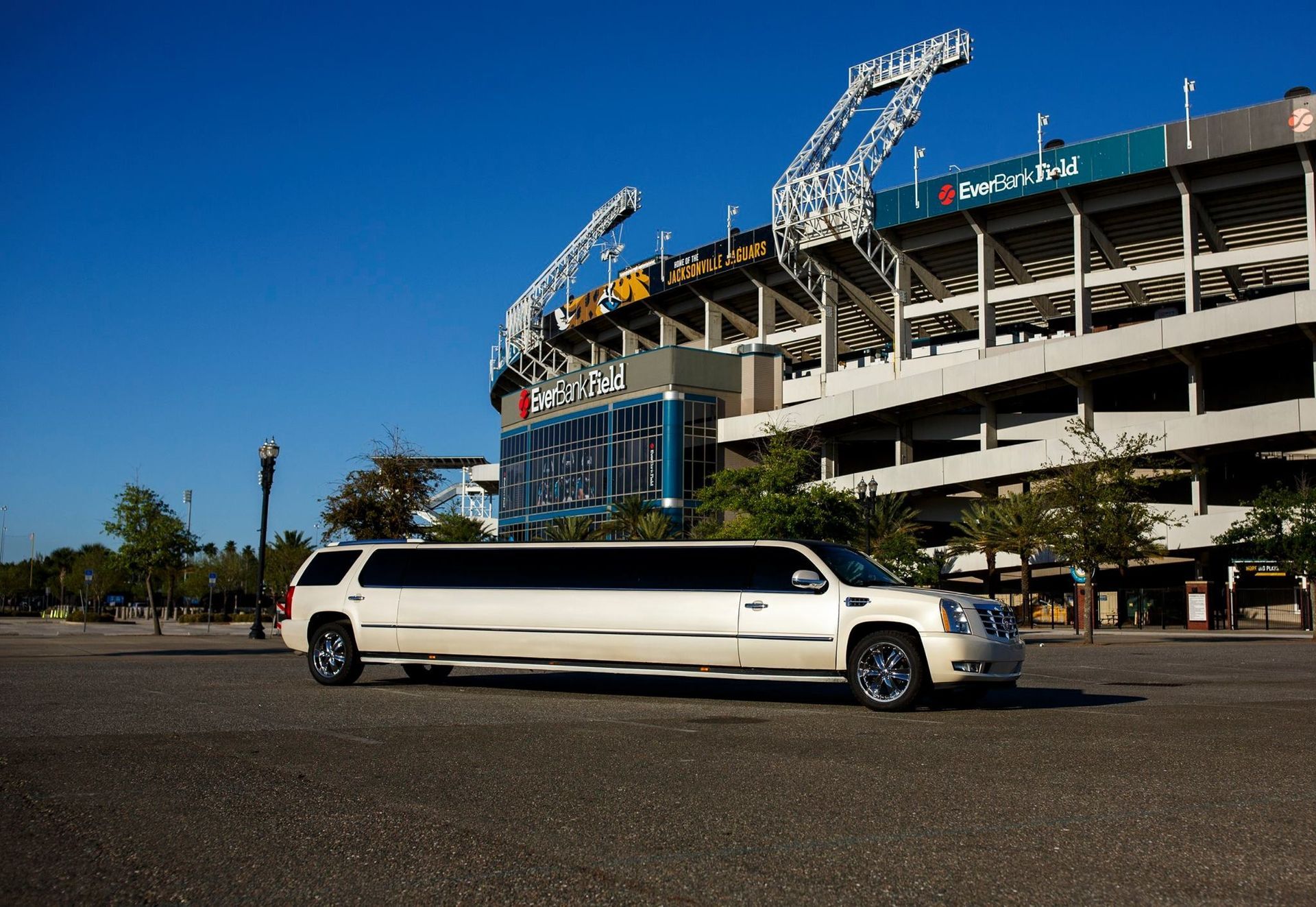 White stretch limousine parked outside a stadium on a sunny day