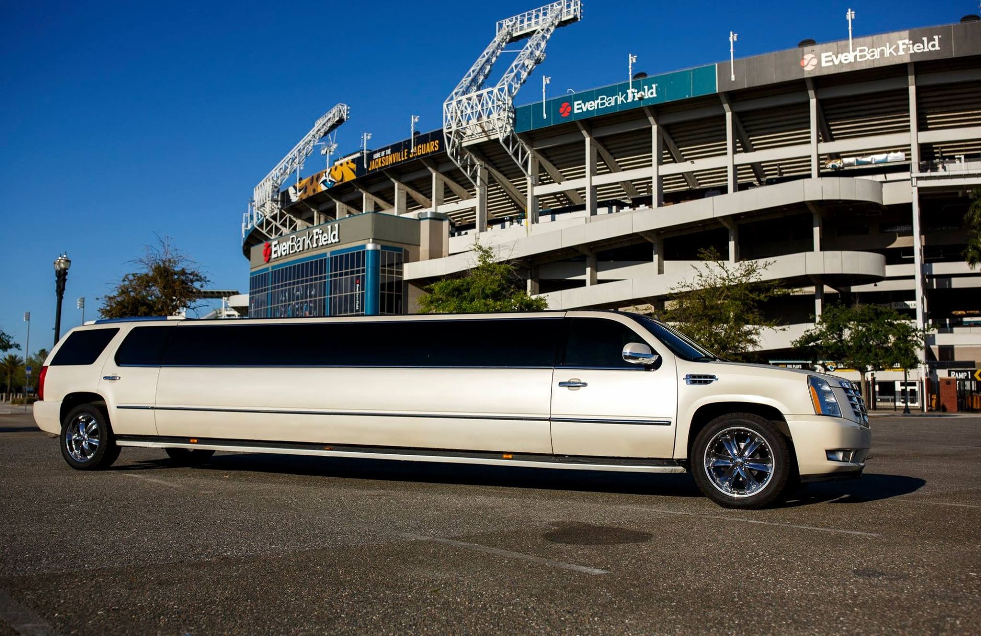 White stretch limousine parked outside a stadium on a sunny day