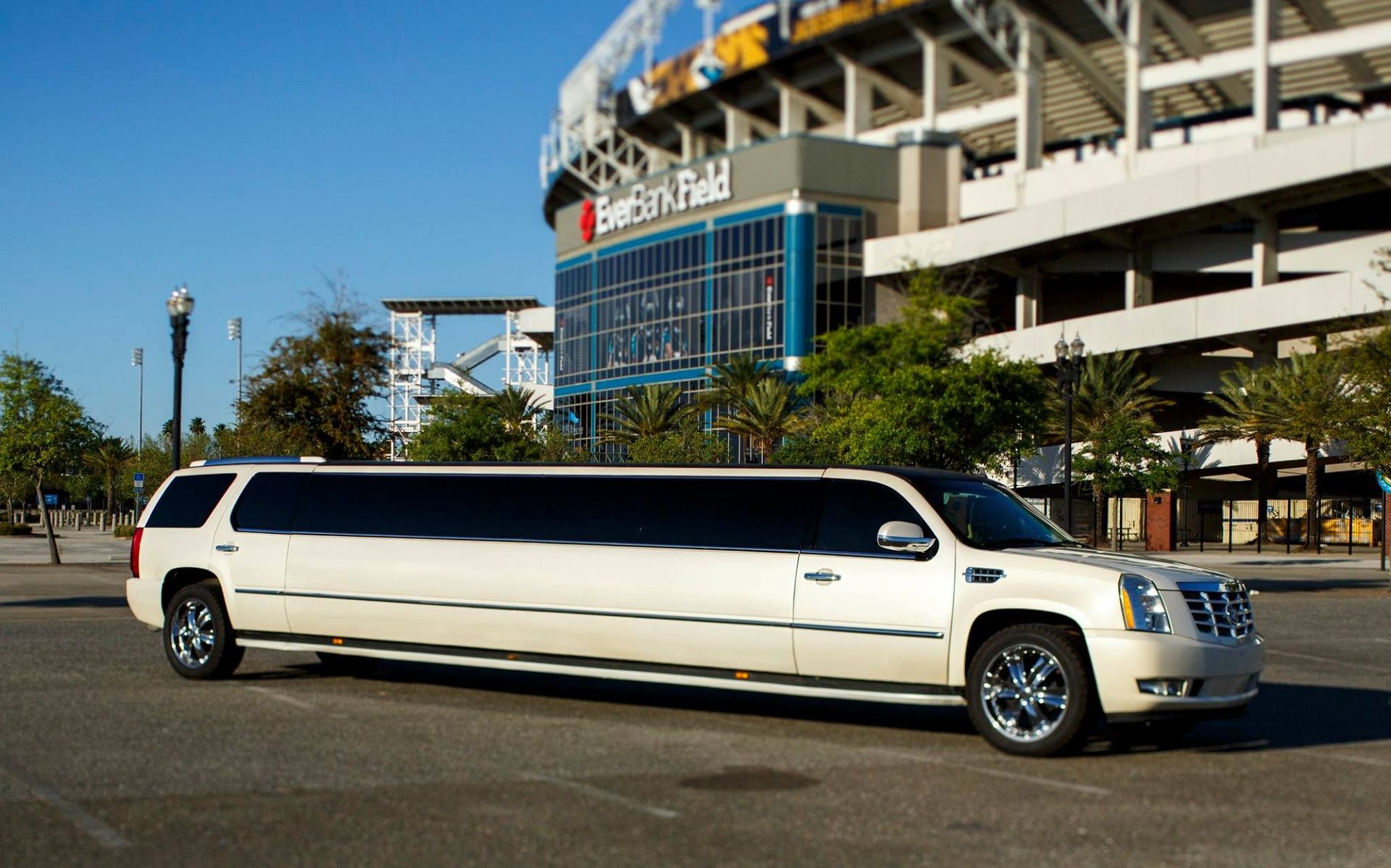 White stretch limousine parked outside a stadium on a sunny street