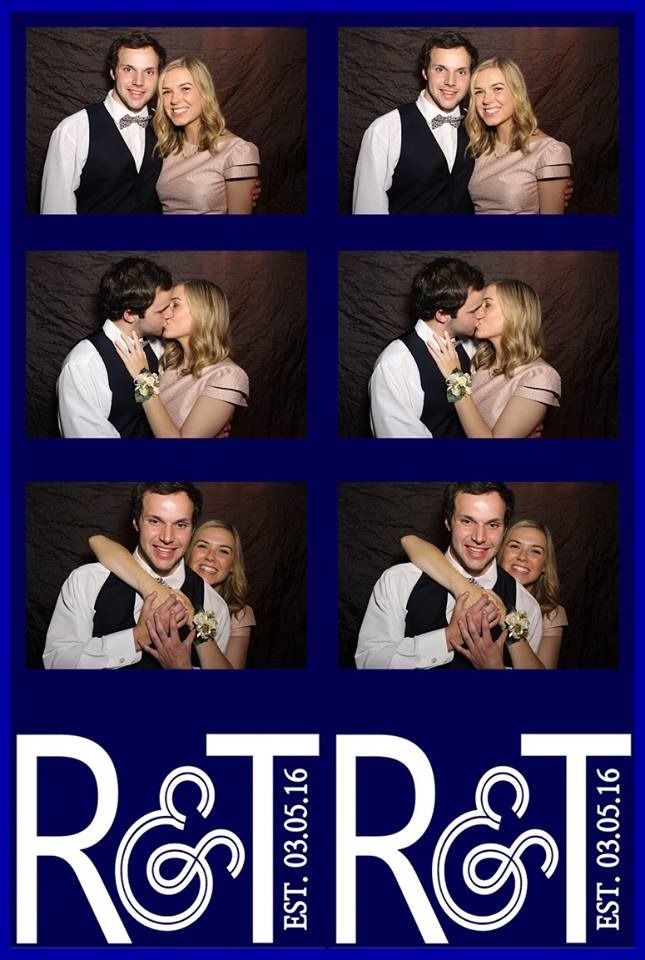 Four photo booth images of a smiling couple embracing, with a white monogram logo on a blue background below.
