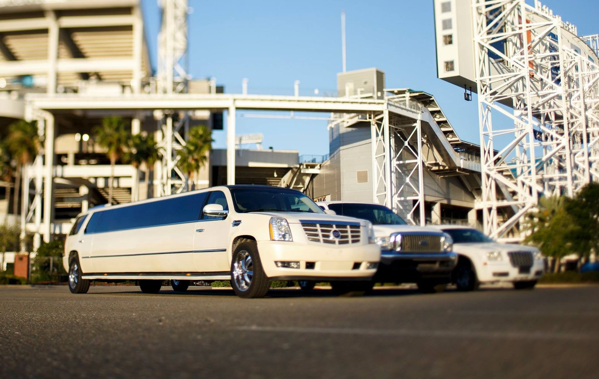 White limousine parked outside a stadium with a roller coaster in the background