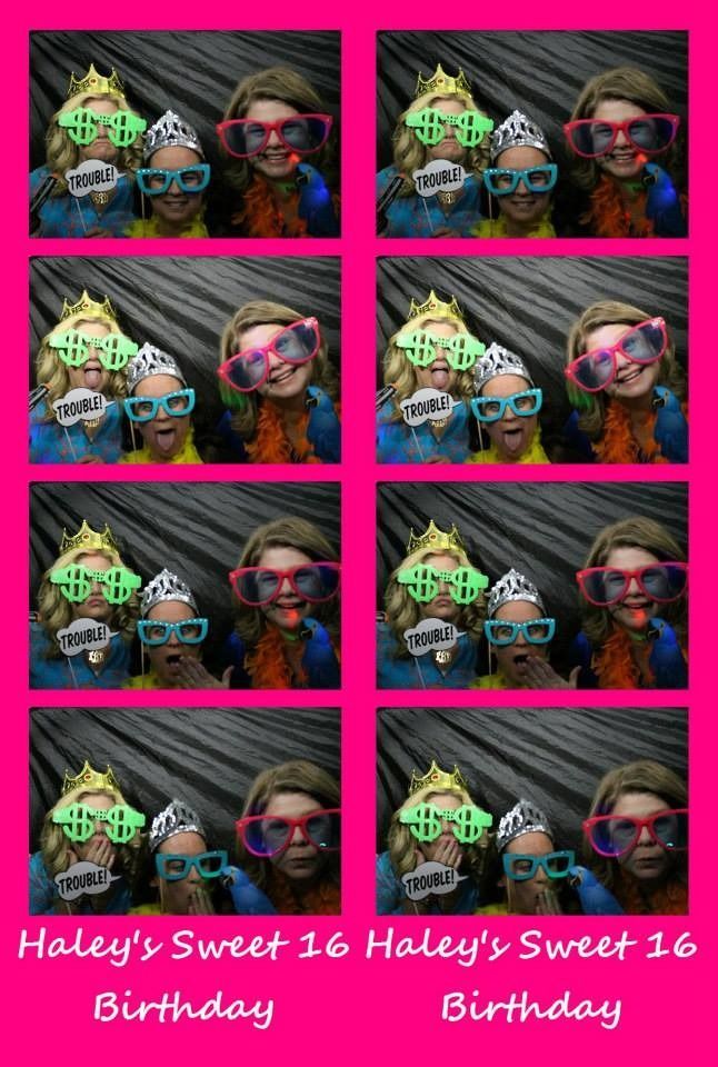 Collage of six colorful birthday photo booth shots with party glasses and “Hailey’s Sweet 16 Birthday” text