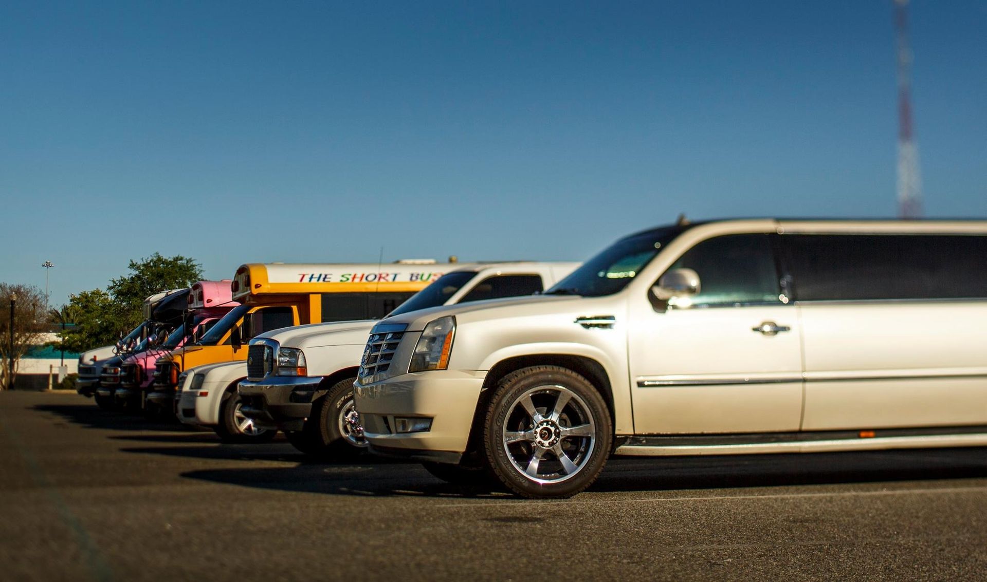 Parked cars lined up on a sunny street beside a building, with a silver SUV in the foreground