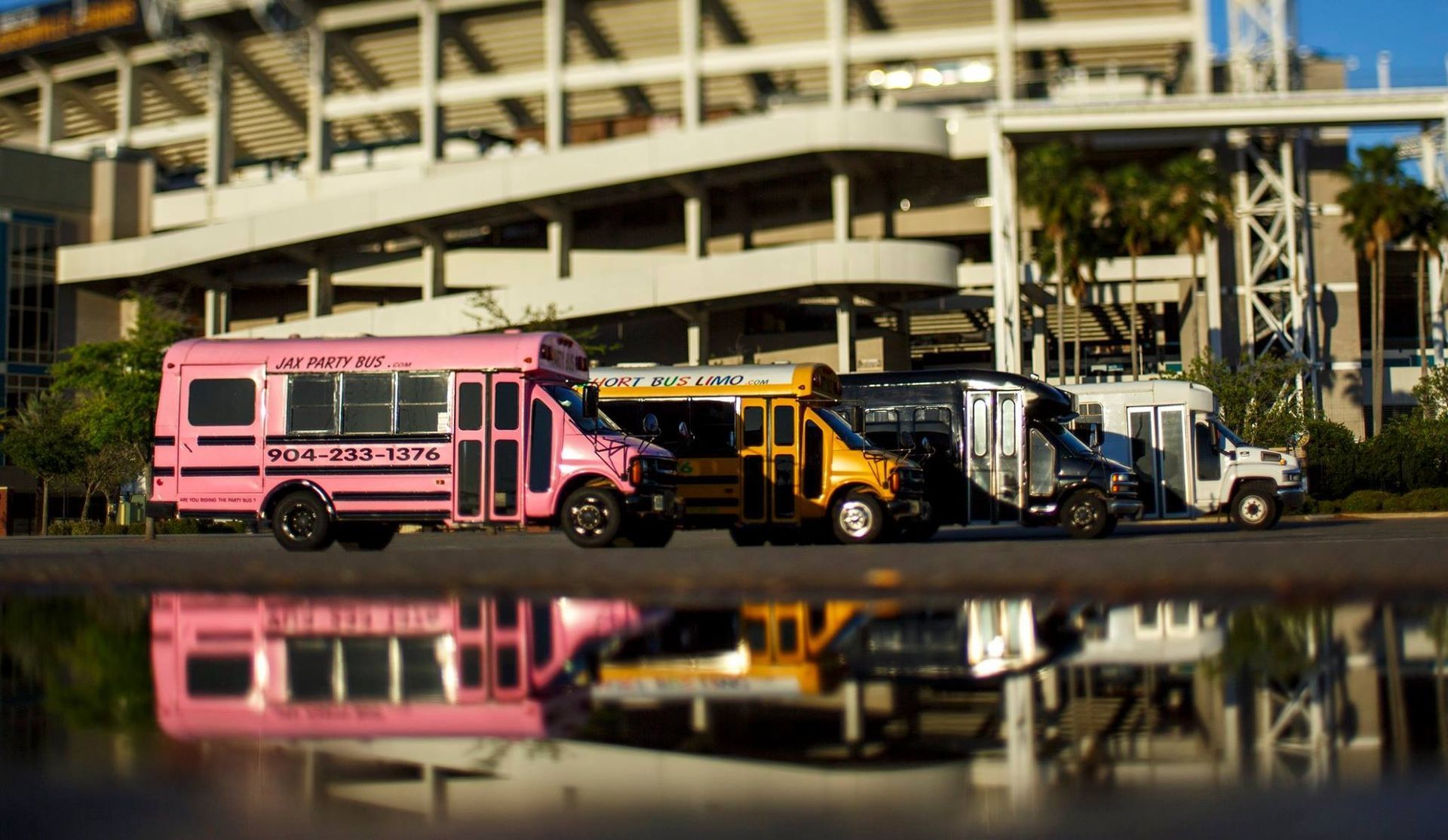 Pink, yellow, and white buses parked outside a multi-level building, reflected in wet pavement.