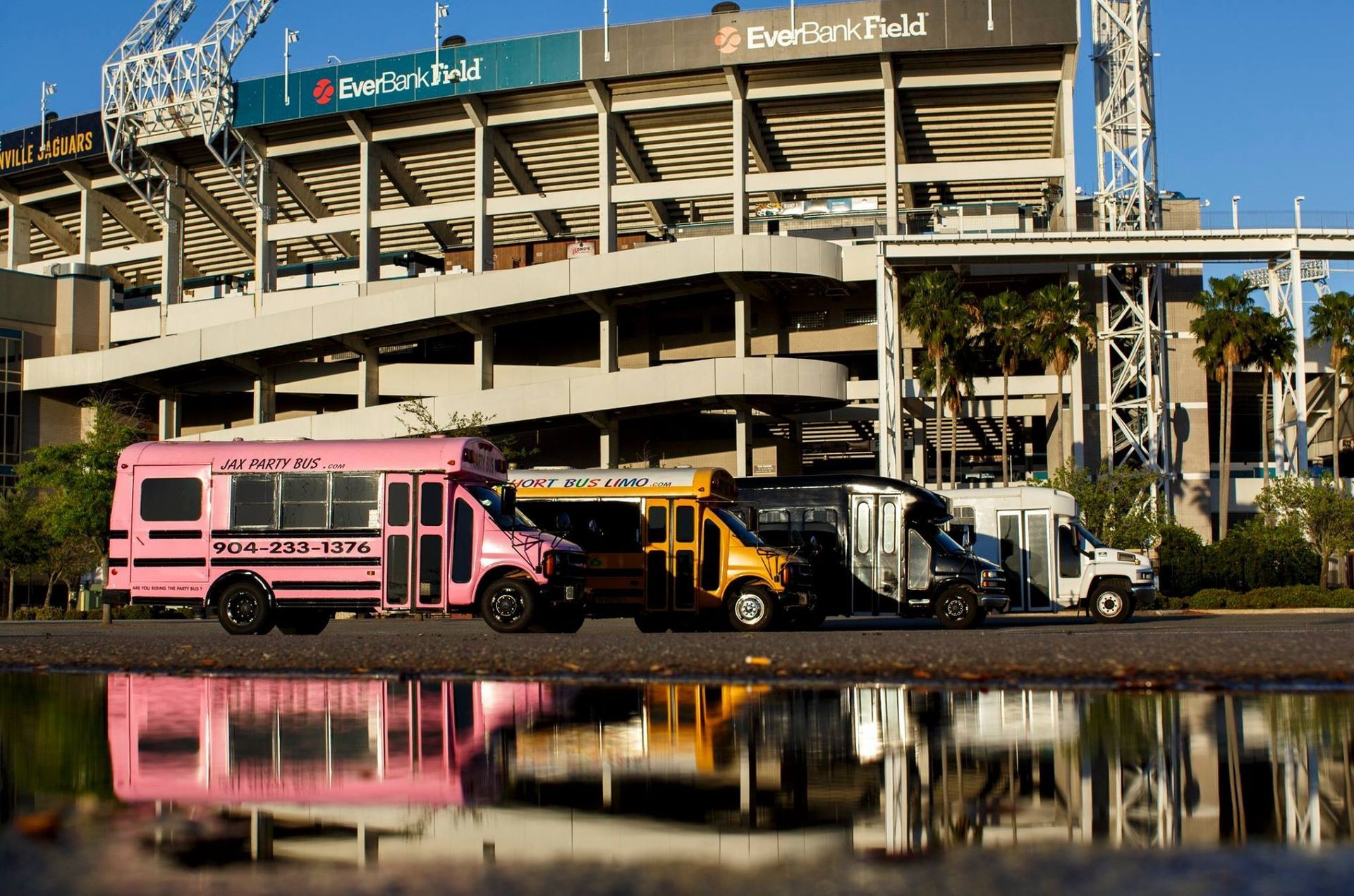 Pink, yellow, and white trucks parked outside a stadium, reflected in a puddle.