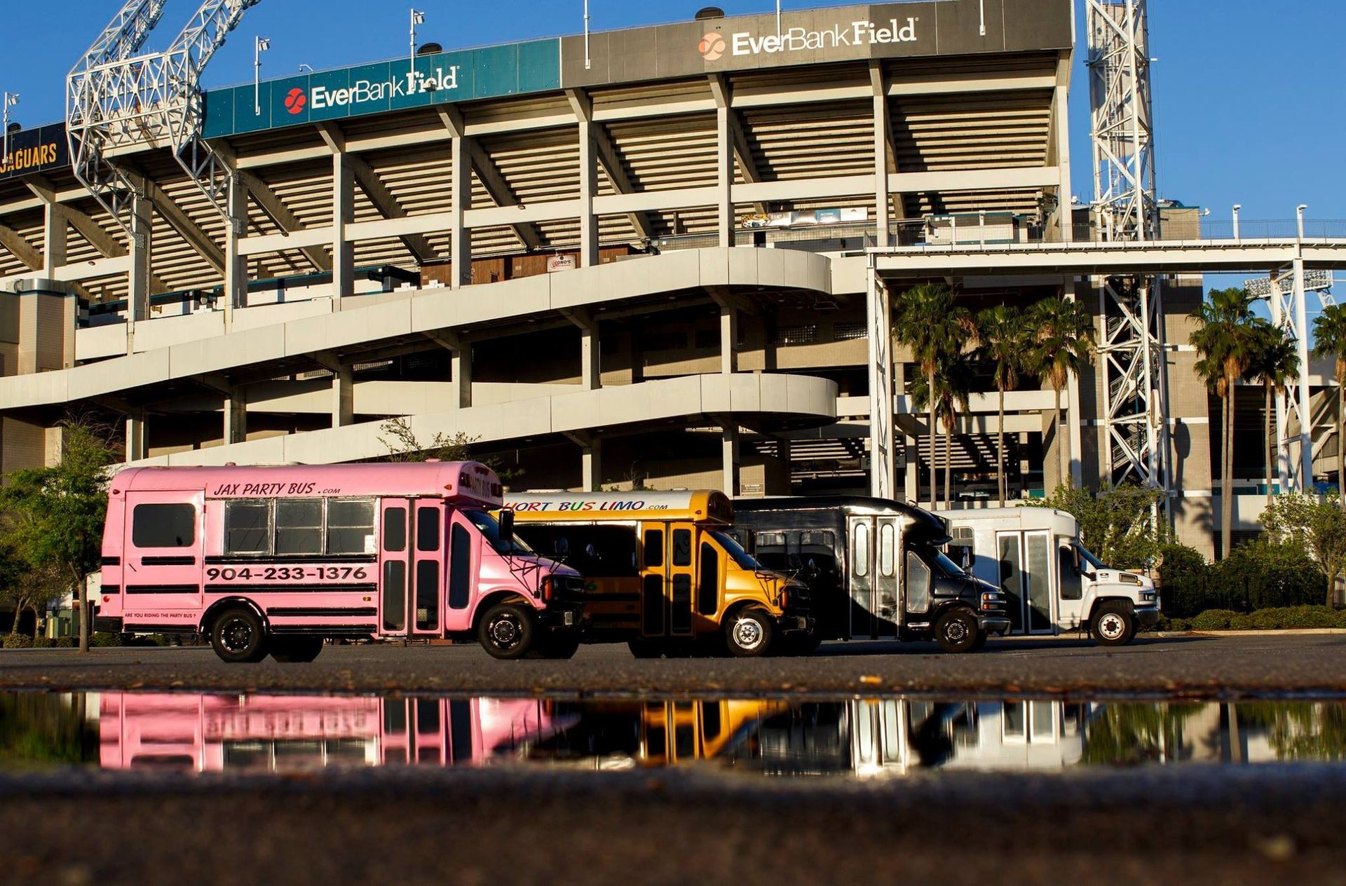 Pink bus and yellow taxis parked outside a stadium with a “Florida Blue” sign reflected in water