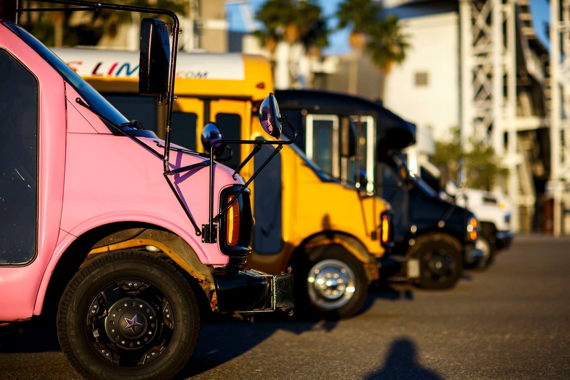 Row of colorful tow trucks parked side by side, with a pink truck in the foreground outdoors.
