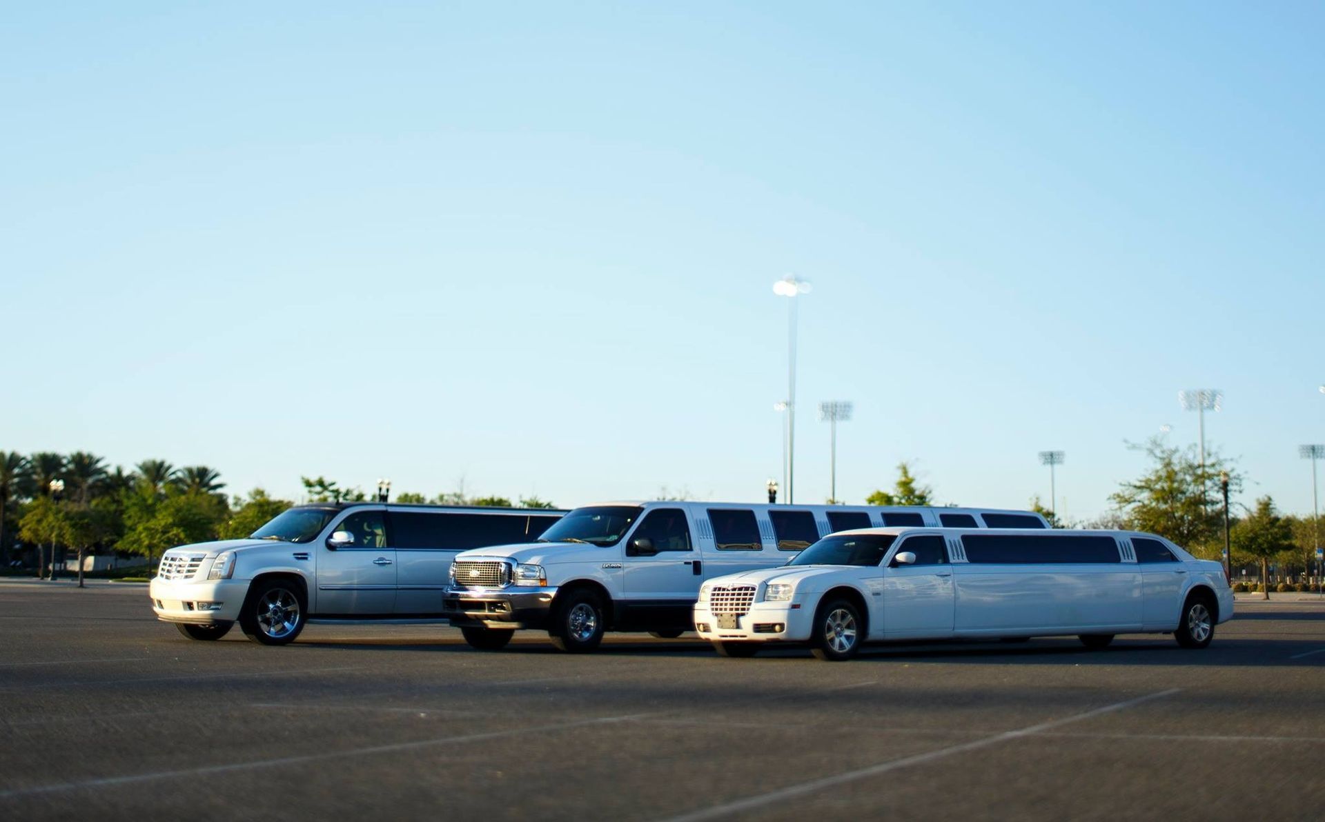 White stretch limousine and SUVs parked in a lot under a clear blue sky.