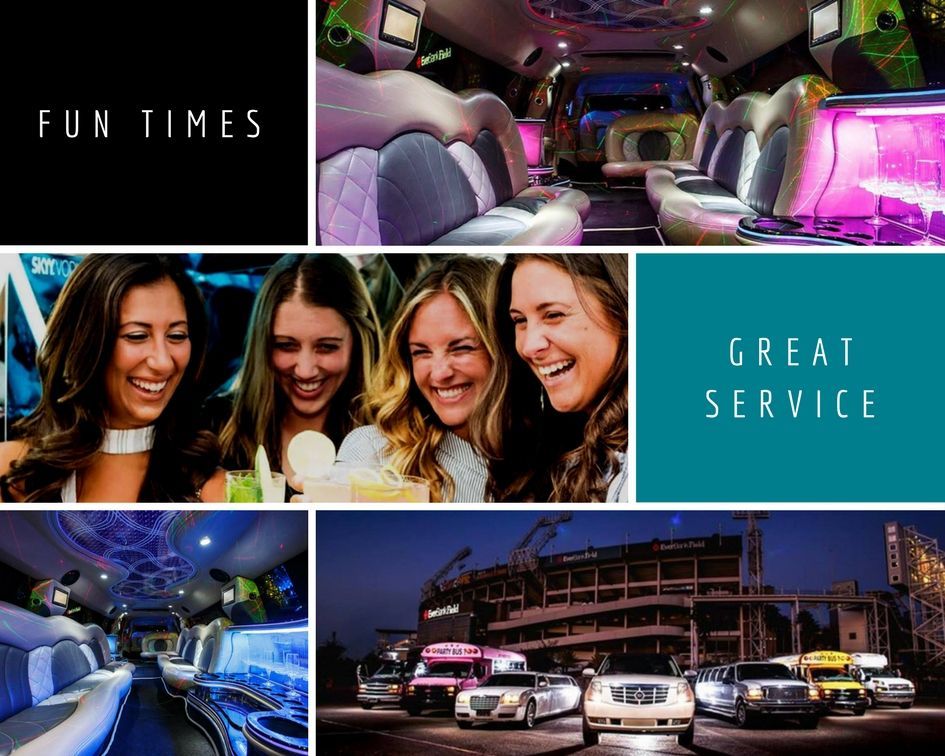 Limousines and party van interior collage with neon lights, smiling passengers, and “FUN TIMES” and “GREAT SERVICE” text