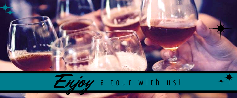 Wine glasses on a table with a teal banner reading “Enjoy a tour with us!”
