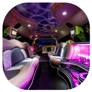 Luxury limousine interior with purple neon lighting, white leather seats, and mirrored ceiling panels