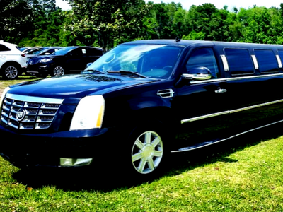 Black stretch limousine parked on grass, with chrome grille and tinted windows
