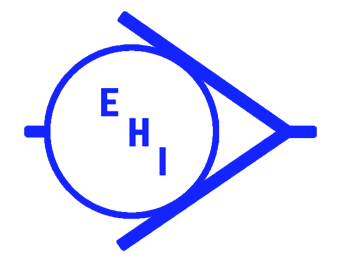 Blue circular logo with E, H, and I inside, framed by angled blue lines on white background
