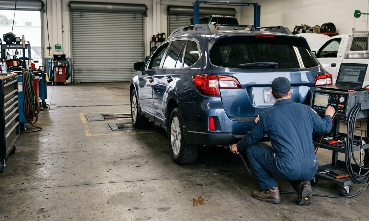 Brown pickup truck in a drive-through smog check bay with “Pepper Drive Test Only” signs