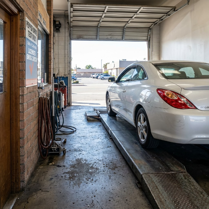Silver car on an automotive lift inside a garage, viewed from the side near the open bay door.