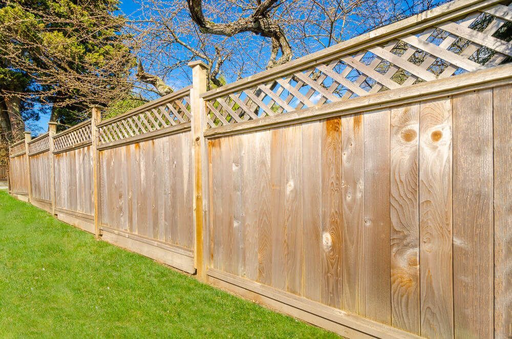 A wooden fence surrounds a lush green lawn.