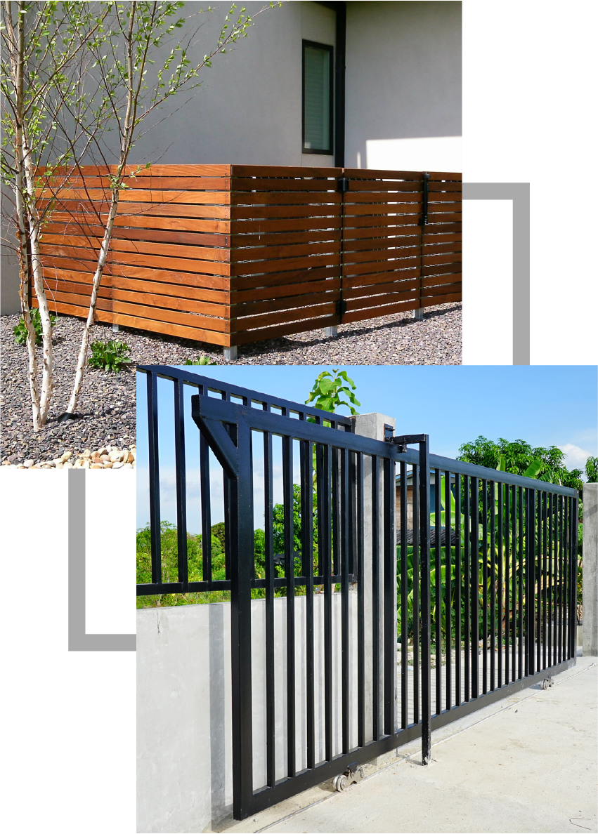 Best Iron and Wood Fencing Contractors in Springfield, Branson, and Ozark, MO. A picture of a wooden fence and a picture of a metal fence | Fencing company in Springfield MO