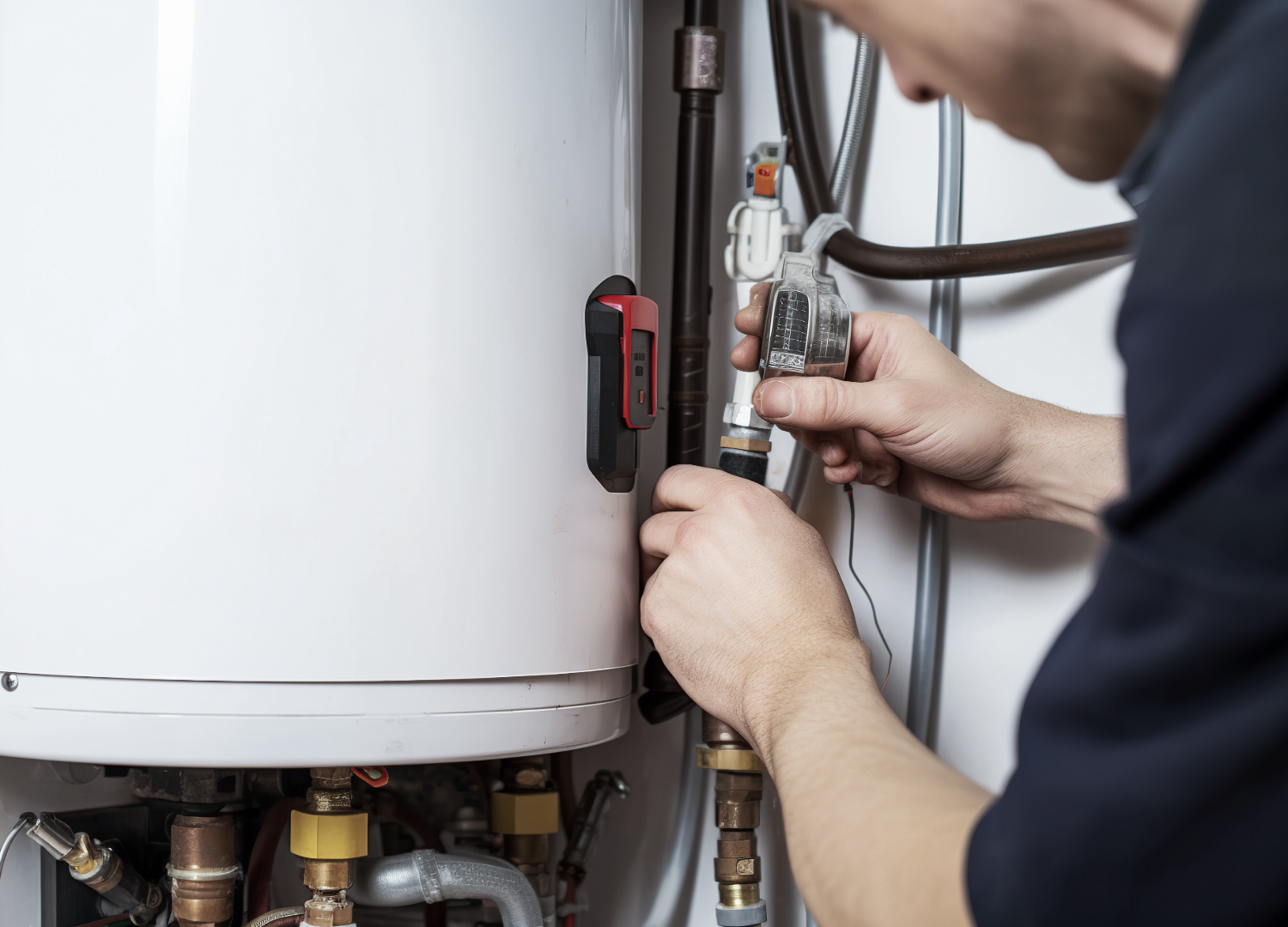 Plumber fixing a water heater, holding a pipe connection near the white tank, with pipes and fixtures visible in a utility setting.