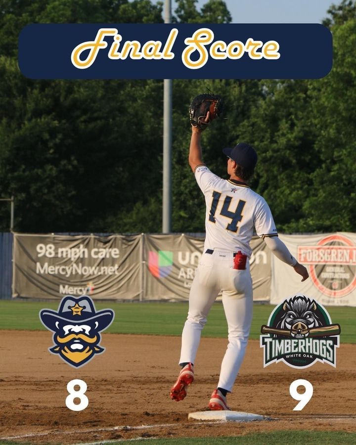 Baseball final score graphic: TimberHawks 9, Blue Devils 8, with a player celebrating a catch.