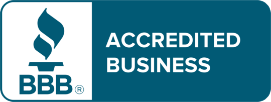 BBB Accredited Business logo with blue text and torch icon on white and teal background