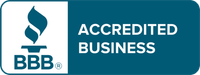 BBB Accredited Business logo with blue text and torch icon on white and teal background