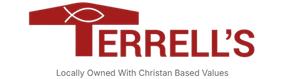 Terrell’s logo with a red house-roof icon and the tagline “Locally Owned With Christian Based Values”
