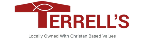 Terrell’s logo with a red house-roof icon and the tagline “Locally Owned With Christian Based Values”