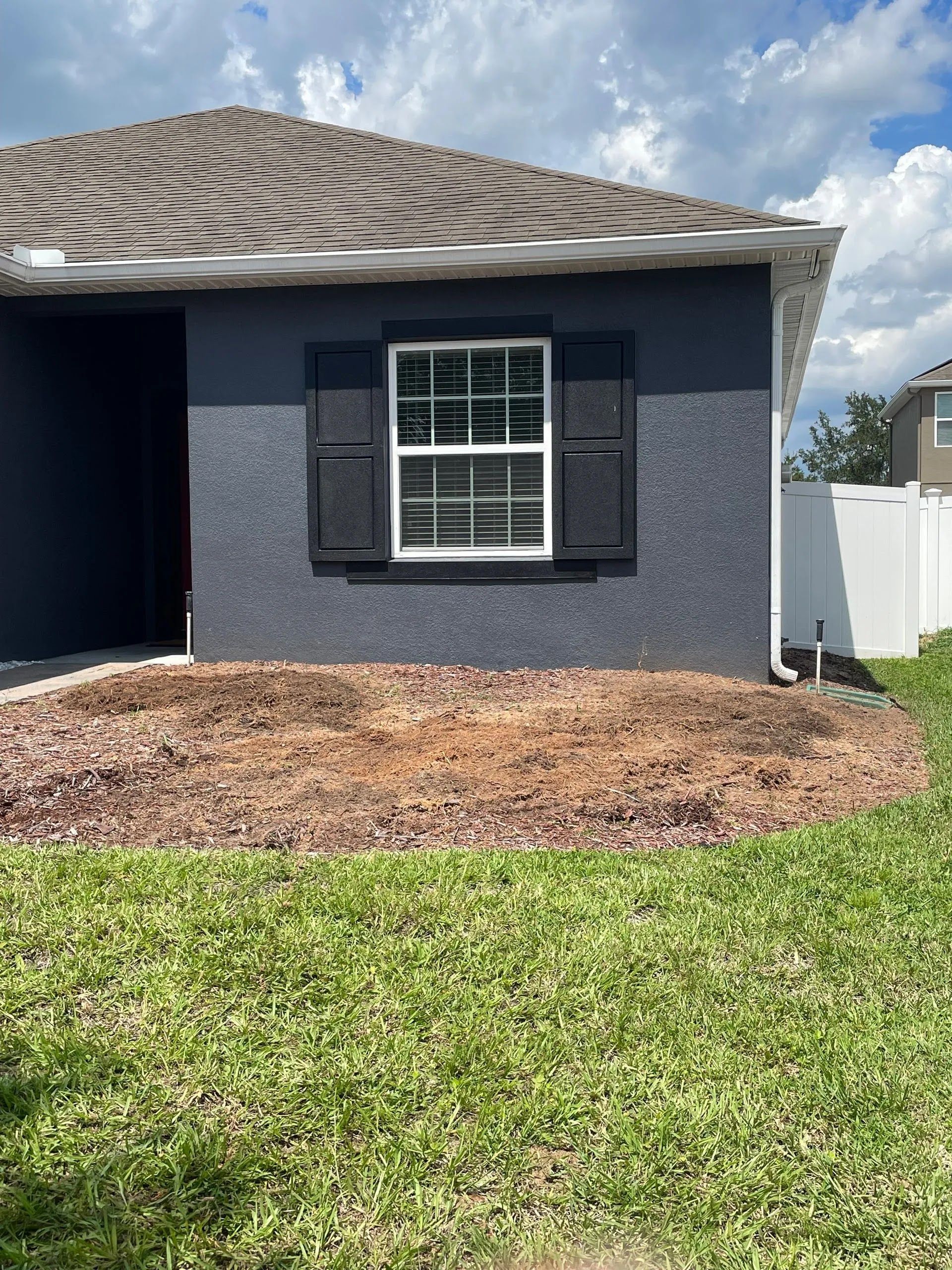 Dark blue house exterior with a window and black shutters, mulch bed, and green grass.