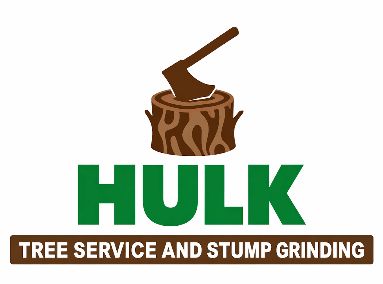 Hulk Tree Services logo: Hulk with text in a green circular frame.