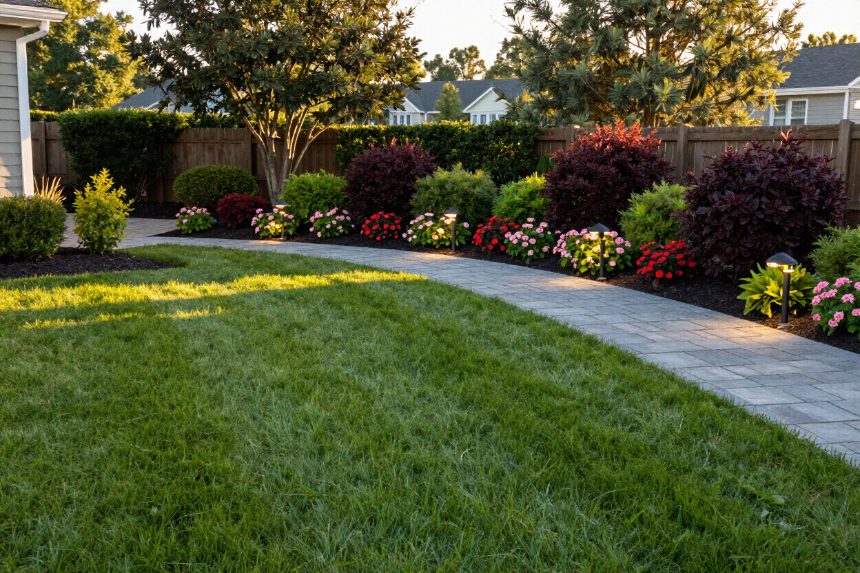 Curved garden path beside a green lawn and colorful flower shrubs in a landscaped yard