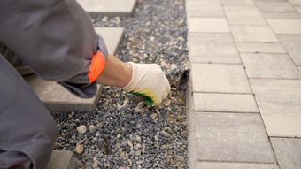 Gloved hand planting a small green seedling in gravel beside a paved walkway