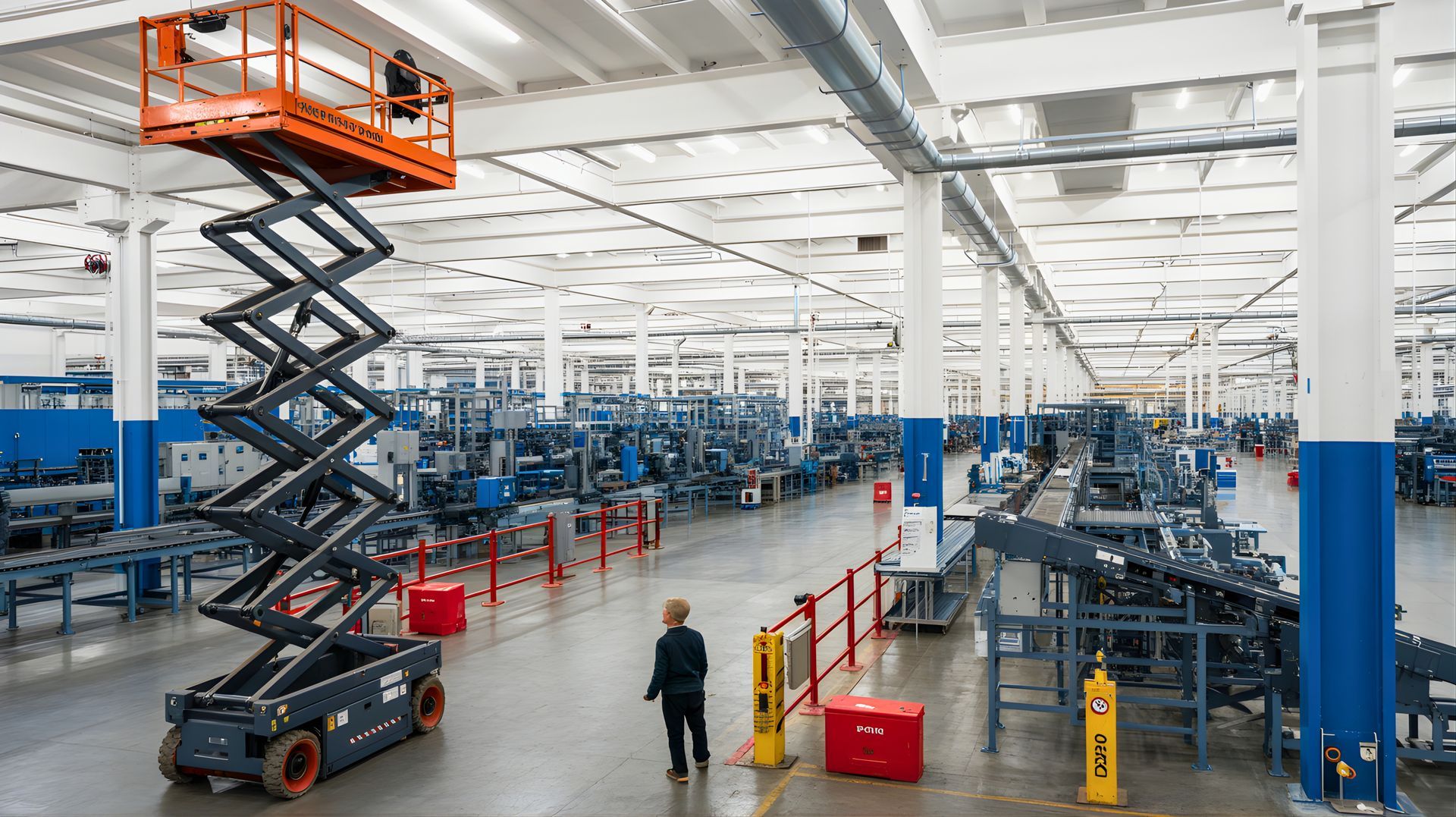 An orange and black platform scissor lift extended high inside a large industrial facility.