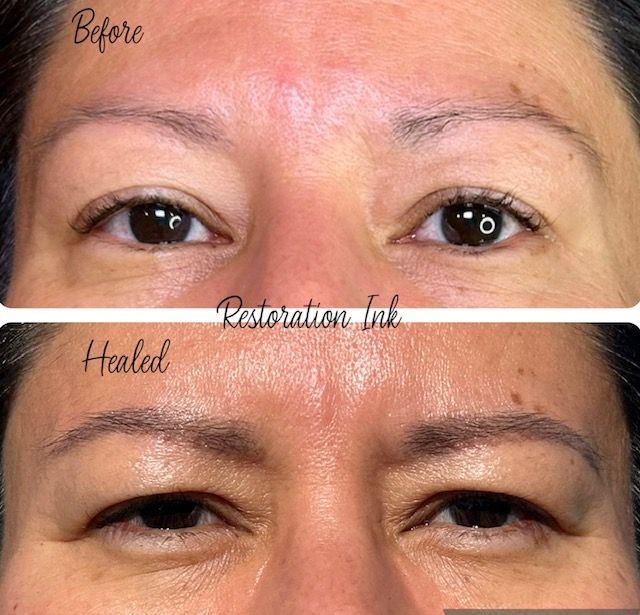 Before and after powder brows with soft shading at Restoration Ink in Albuquerque, NM.